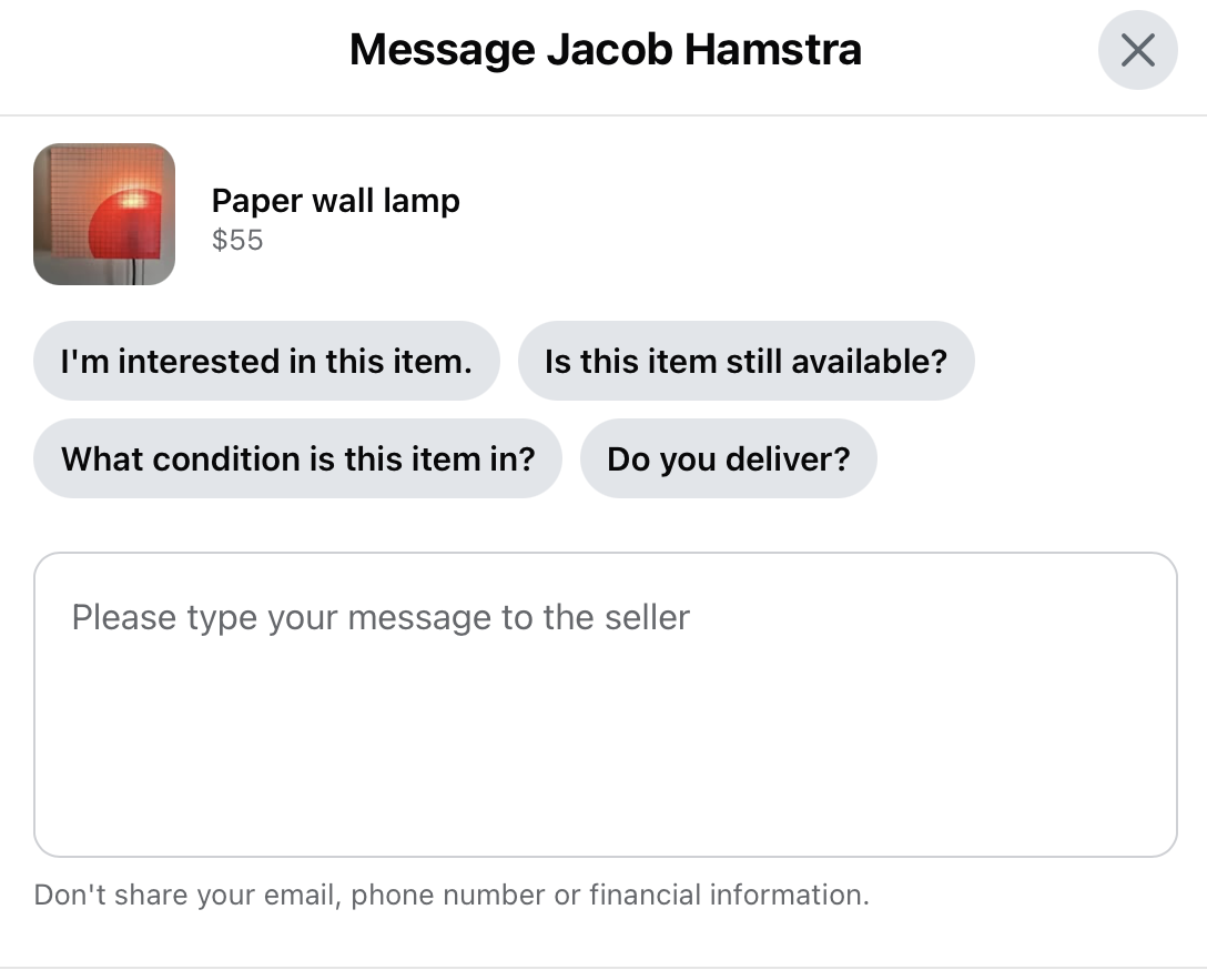 Buyer quick response options: Is this still available, Is the price negotiable, What is the condition, Can I pick it up today
