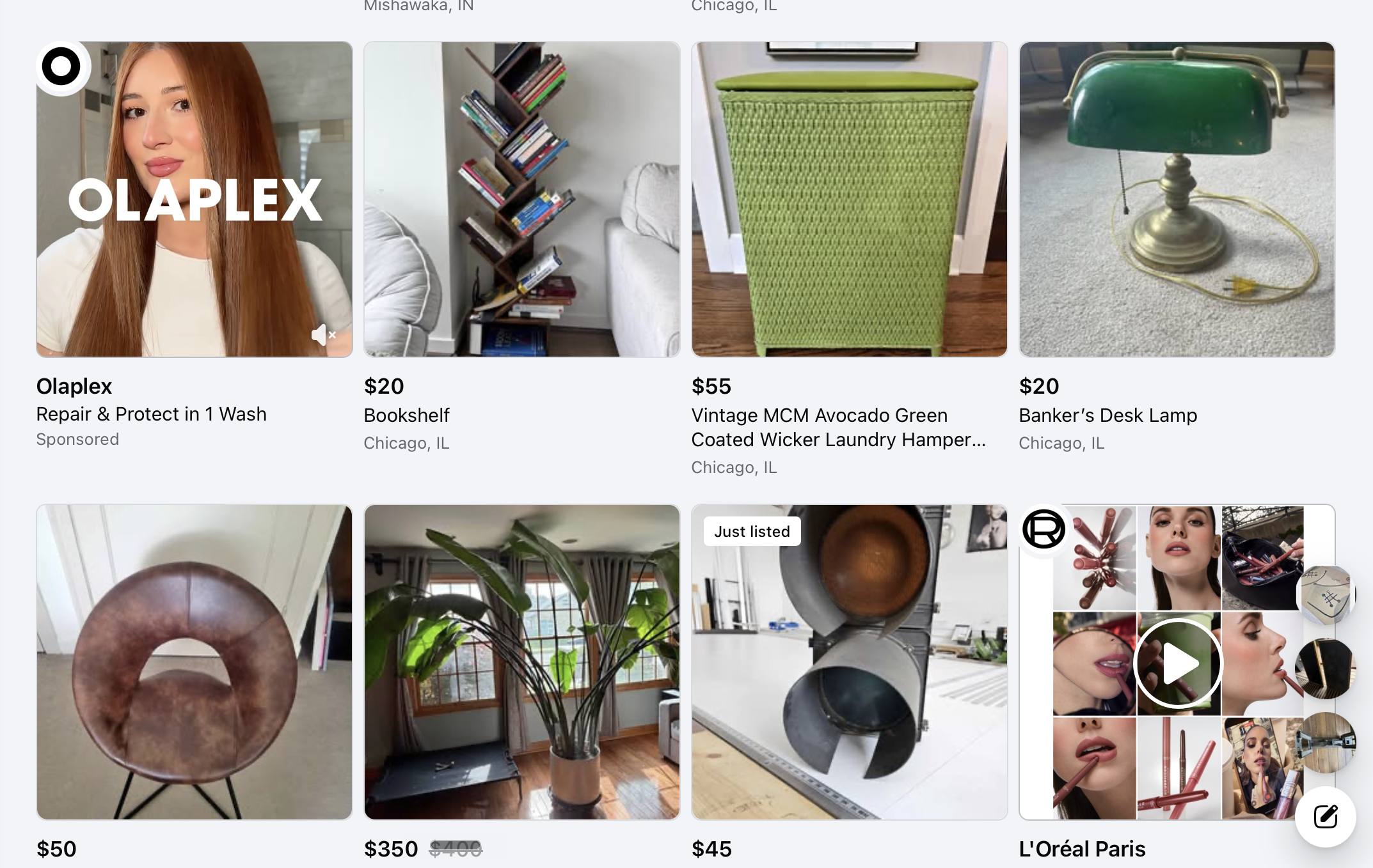 Marketplace app feed with Olaplex sponsored ad and L'Oreal Paris video ad alongside local Chicago listings