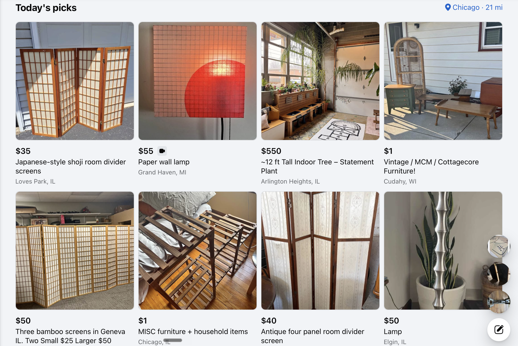 Logged-in Marketplace feed showing personalized furniture and home goods