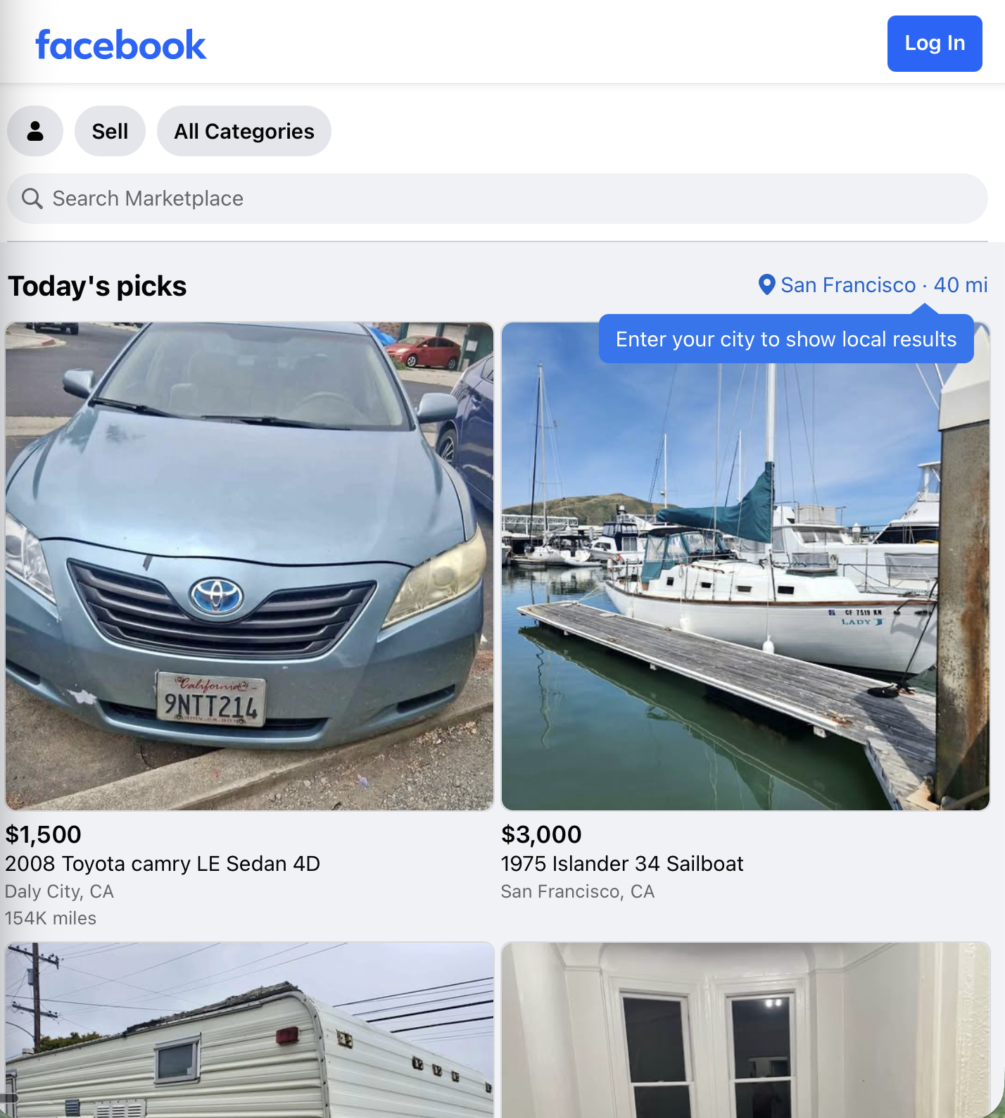 Logged-out Marketplace feed showing vehicles and sailboats