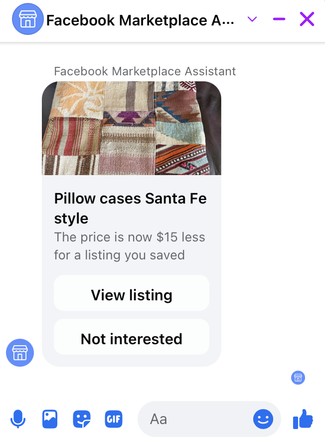 Facebook Marketplace Assistant Messenger notification: pillow cases price dropped $15