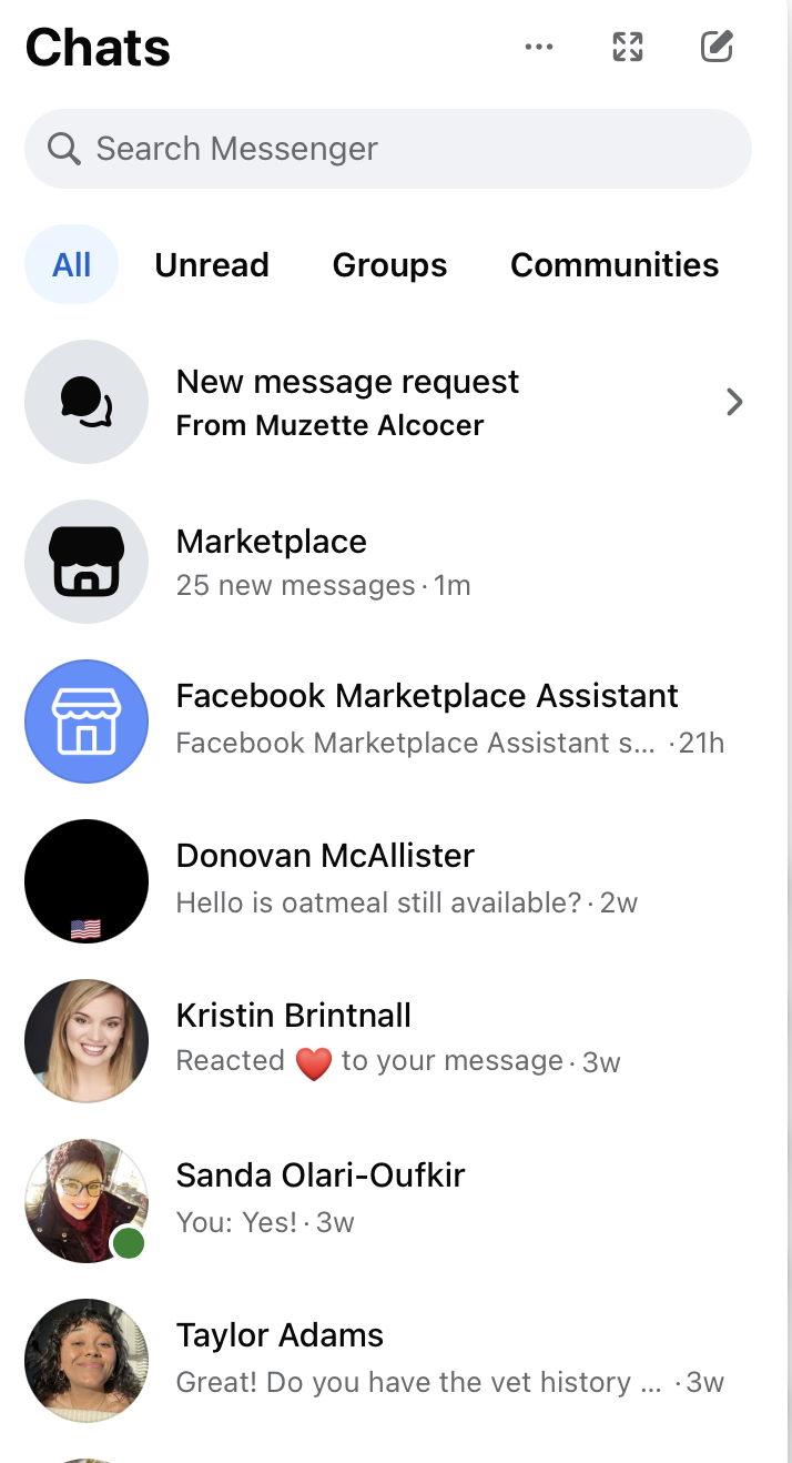 Messenger Chats list showing Marketplace messages, Facebook Marketplace Assistant, and personal friends mixed together