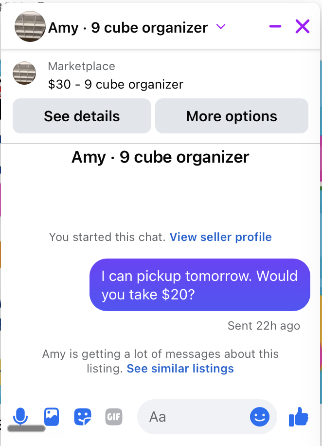 Messenger thread with Amy about 9 cube organizer: Amy is getting a lot of messages about this listing. See similar listings.