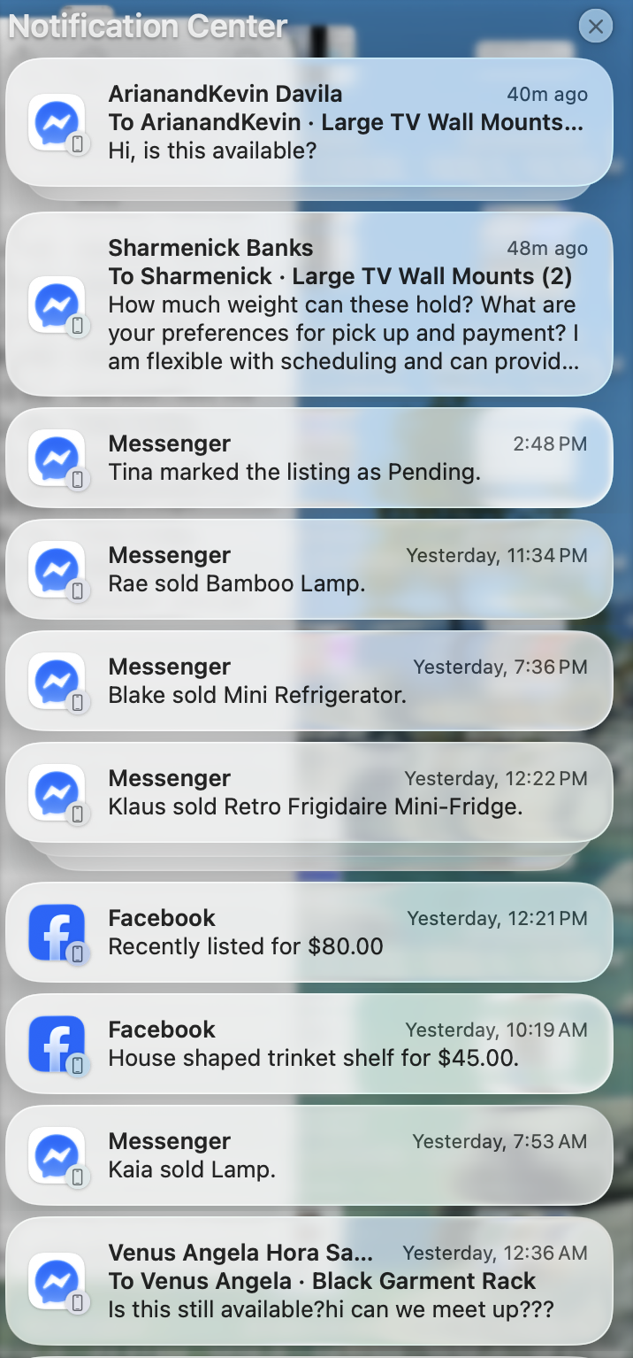 iOS notification tray with real buyer messages and platform-generated Facebook alerts visually identical