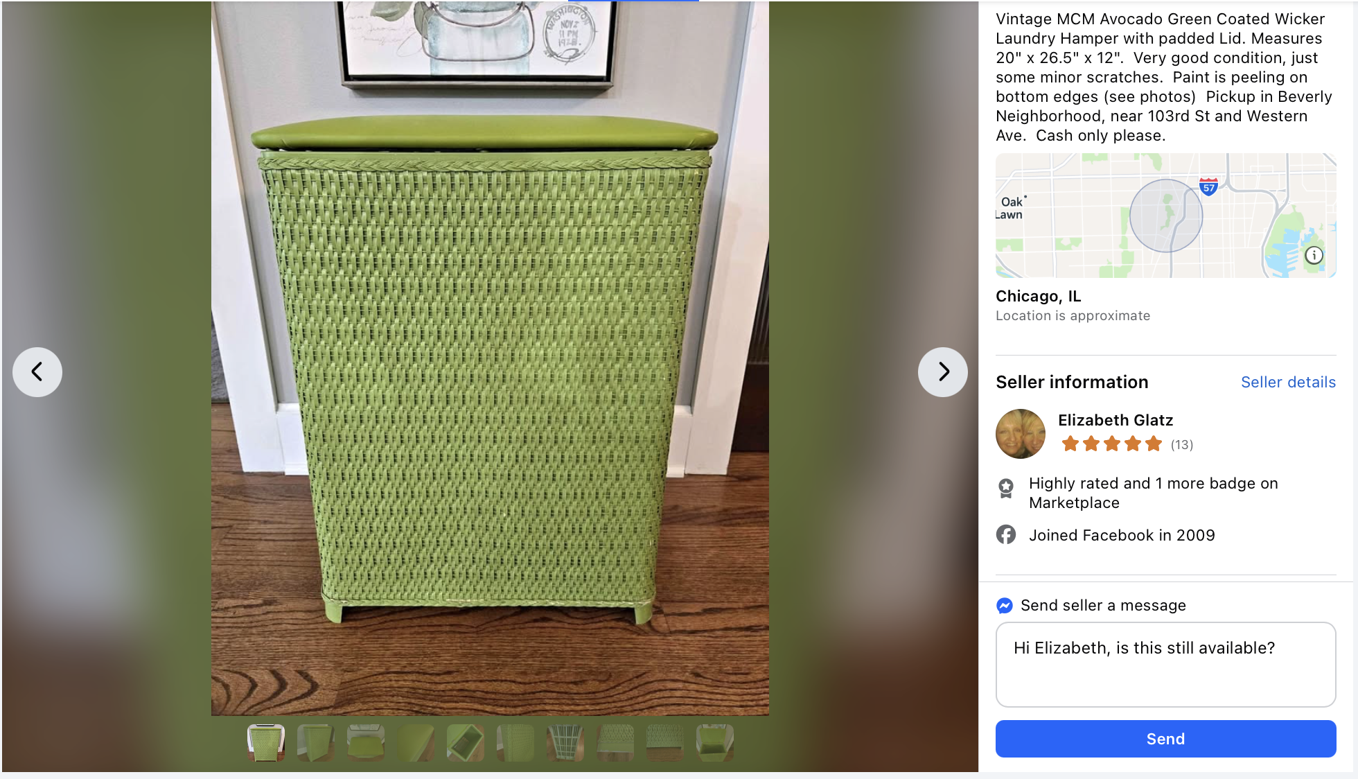 Seller Elizabeth Glatz: 5 stars, 13 ratings, Joined Facebook 2009, pre-filled message prompt