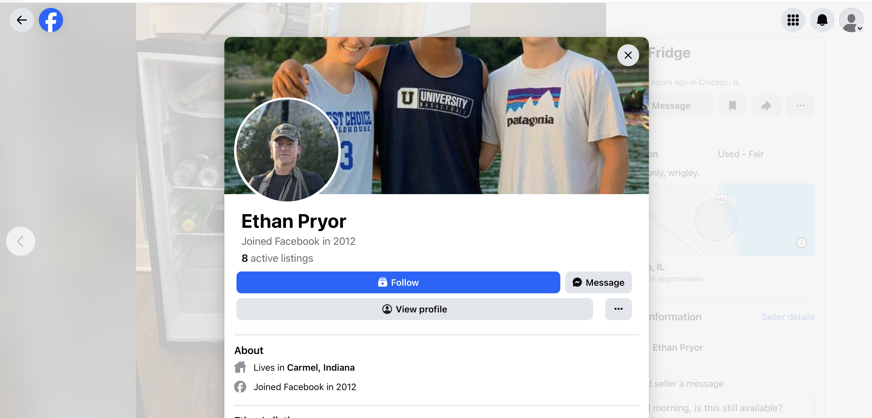 Ethan Pryor's full Facebook profile visible from a Marketplace listing: photo, location, join date, active listings